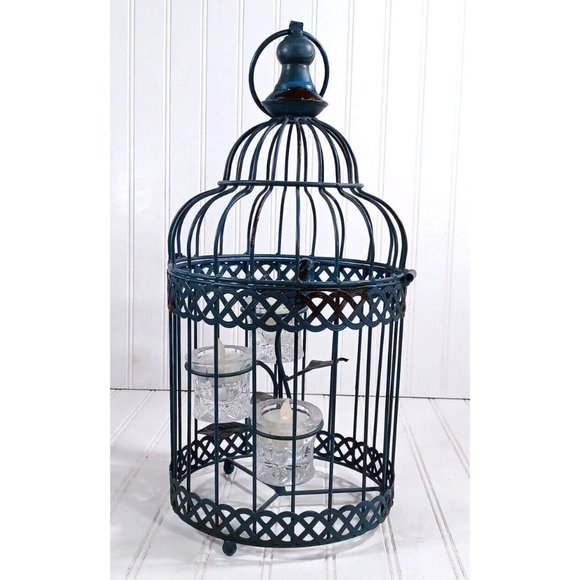 Green 16" Hanging Bird Cage Candelabra Candle Holder Cottage Shabby Chic Decor - Picture 6 of 7